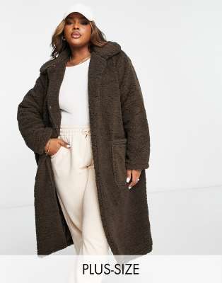 Brave Soul Plus heavenly longline borg teddy jacket in chocolate brown