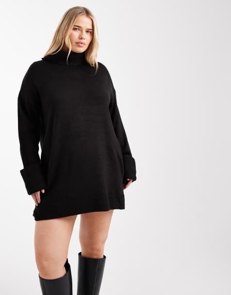 Brave Soul Plus high neck knitted jumper dress in black - view 1