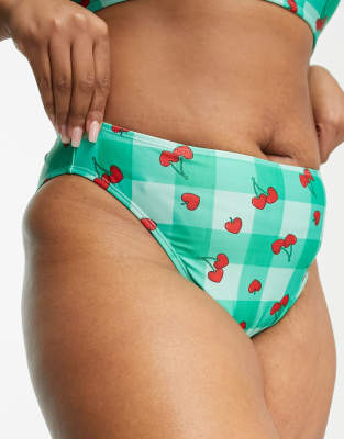 Brave Soul Plus high waist bikini bottom in light green cherry check print