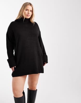 Brave Soul Plus - Hoch geschlossenes Pulloverkleid aus Strick in Schwarz
