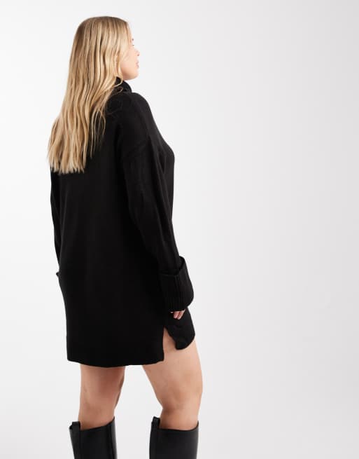 Brave Soul Plus – Hoch geschlossenes Pulloverkleid aus Strick in Schwarz, 4 von 4