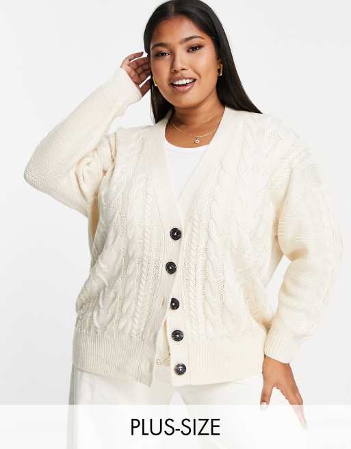 Brave Soul Plus - Jenner - Lang vest met kabels in crème