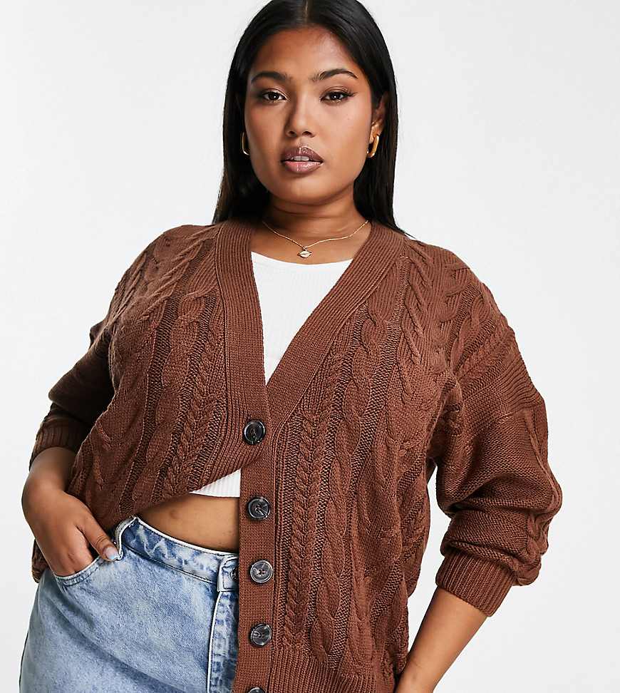 Brave Soul Plus jenner longline cable knit cardigan in brown