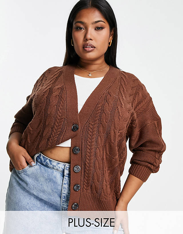 Brave Soul - plus jenner longline cable knit cardigan in brown