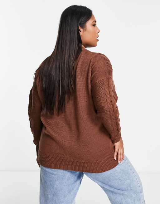 Brave Soul Plus Jenner longline cable knit cardigan in brown, 2 of 4