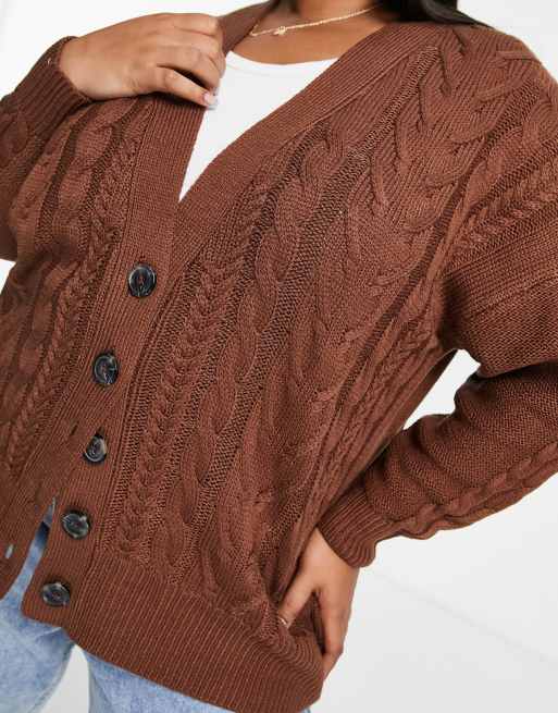 Brave Soul Plus Jenner longline cable knit cardigan in brown, 3 of 4