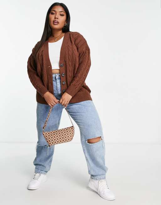 Brave Soul Plus Jenner longline cable knit cardigan in brown, 4 of 4