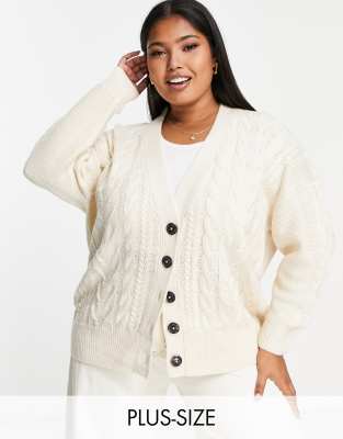 Brave Soul Plus Jenner longline cable knit cardigan in cream-White