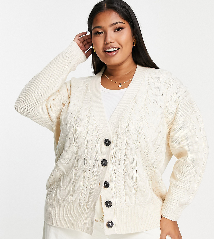 Brave Soul Plus Jenner longline cable knit cardigan in cream-White