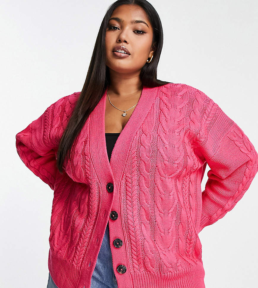 Brave Soul Plus jenner longline cable knit cardigan in pink