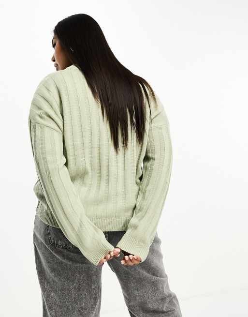 Brave Soul Plus Kansas ribbed v-neck jumper in sage, 2 of 4