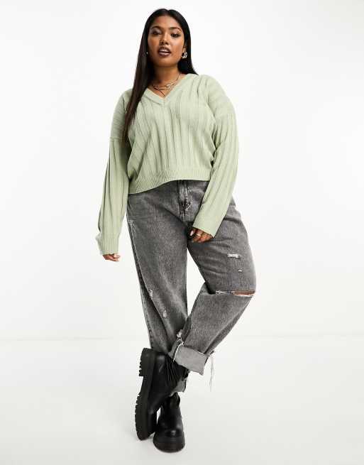 Brave Soul Plus Kansas ribbed v-neck jumper in sage, 3 of 4