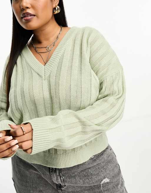 Brave Soul Plus Kansas ribbed v-neck jumper in sage, 4 of 4