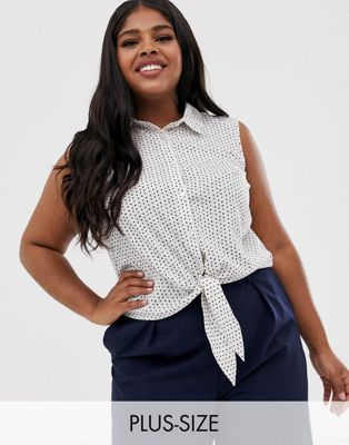 Brave Soul - Plus - Karen - Ærmeløs skjorte med bindebånd foran og minihjerte-print-Hvid