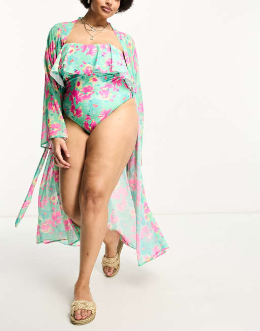 Brave Soul Plus - Kimono long de plage à imprimé fleurs - Vert et rose