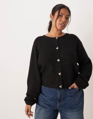 Brave Soul Brave Soul Plus knitted cardigan with gold buttons in black