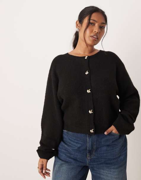 Brave Soul Plus knitted cardigan with gold buttons in black - view 1