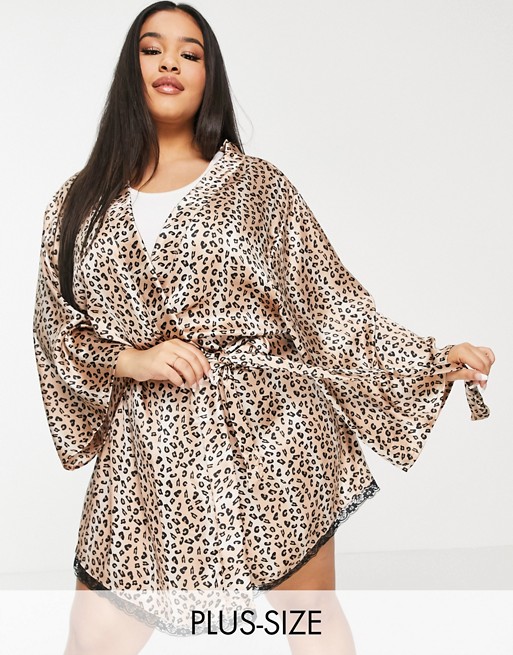 Brave Soul Plus leona satin robe in leopard