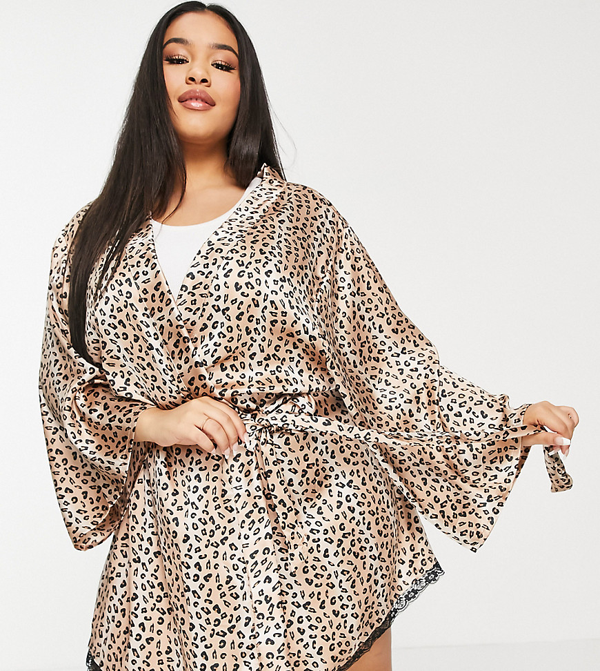 Brave Soul Plus leona satin robe in leopard-Multi