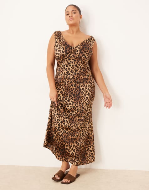 Brave Soul Plus leopard print sleeveless satin maxi dress in brown - view 1