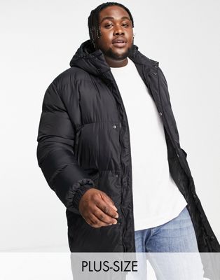 Brave Soul Plus long line puffer jacket with hood in black