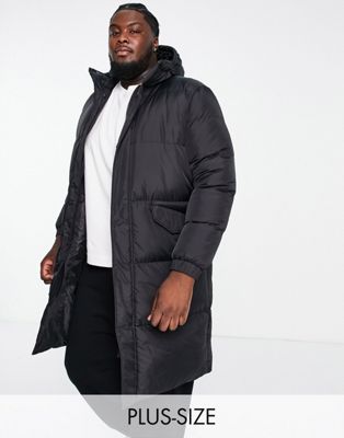 Brave Soul Plus longline puffer jacket with hood in black