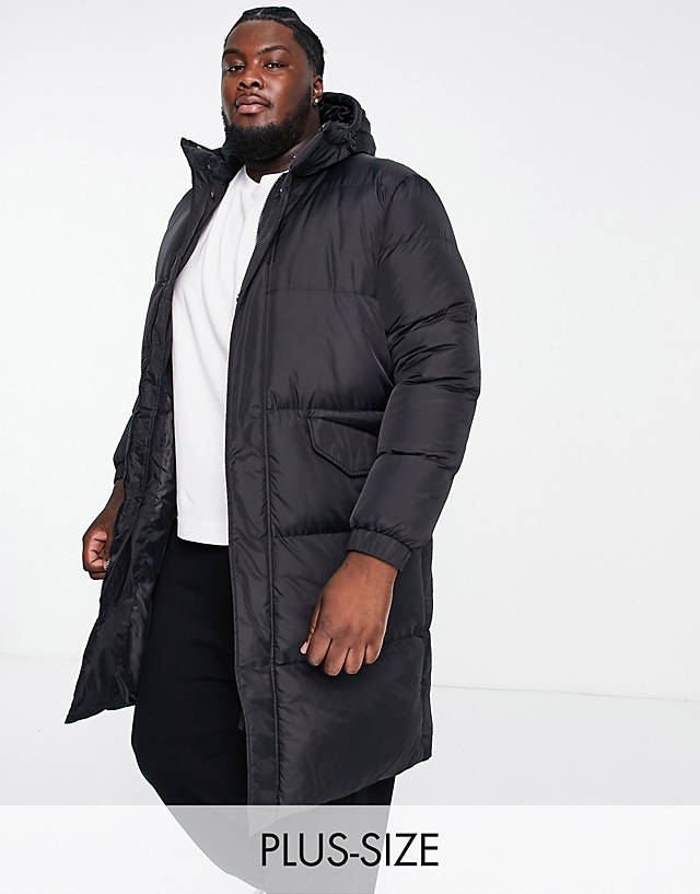 Brave Soul - plus longline puffer jacket with hood in black