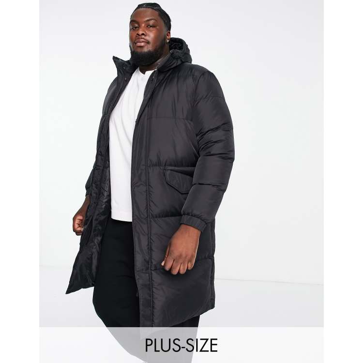 Brave Soul Plus longline puffer jacket with hood in black