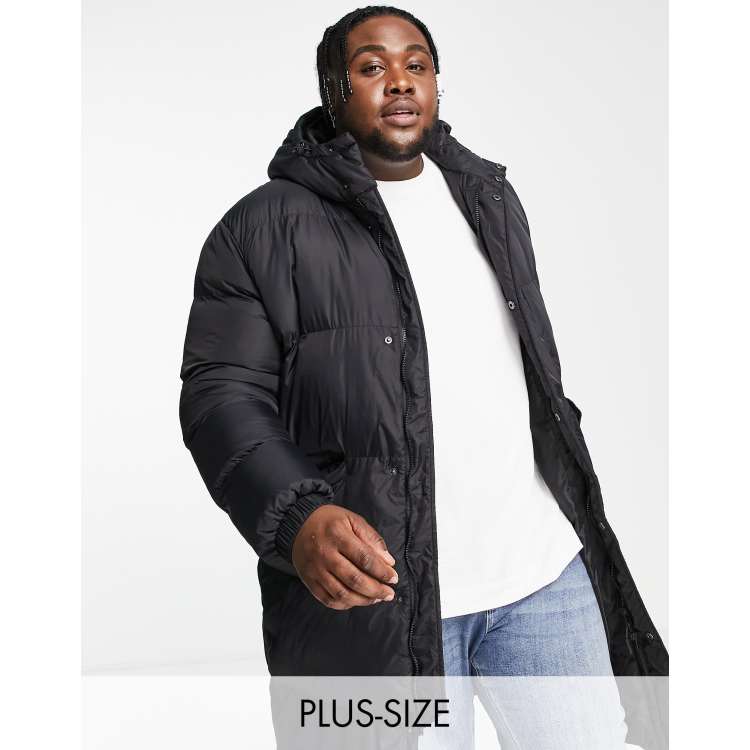 Brave Soul Plus longline puffer jacket with hood in black ASOS