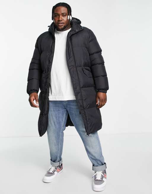 Brave Soul Plus longline puffer jacket with hood in black