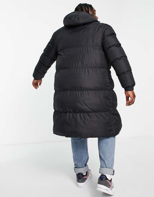 Brave Soul Plus longline puffer jacket with hood in black