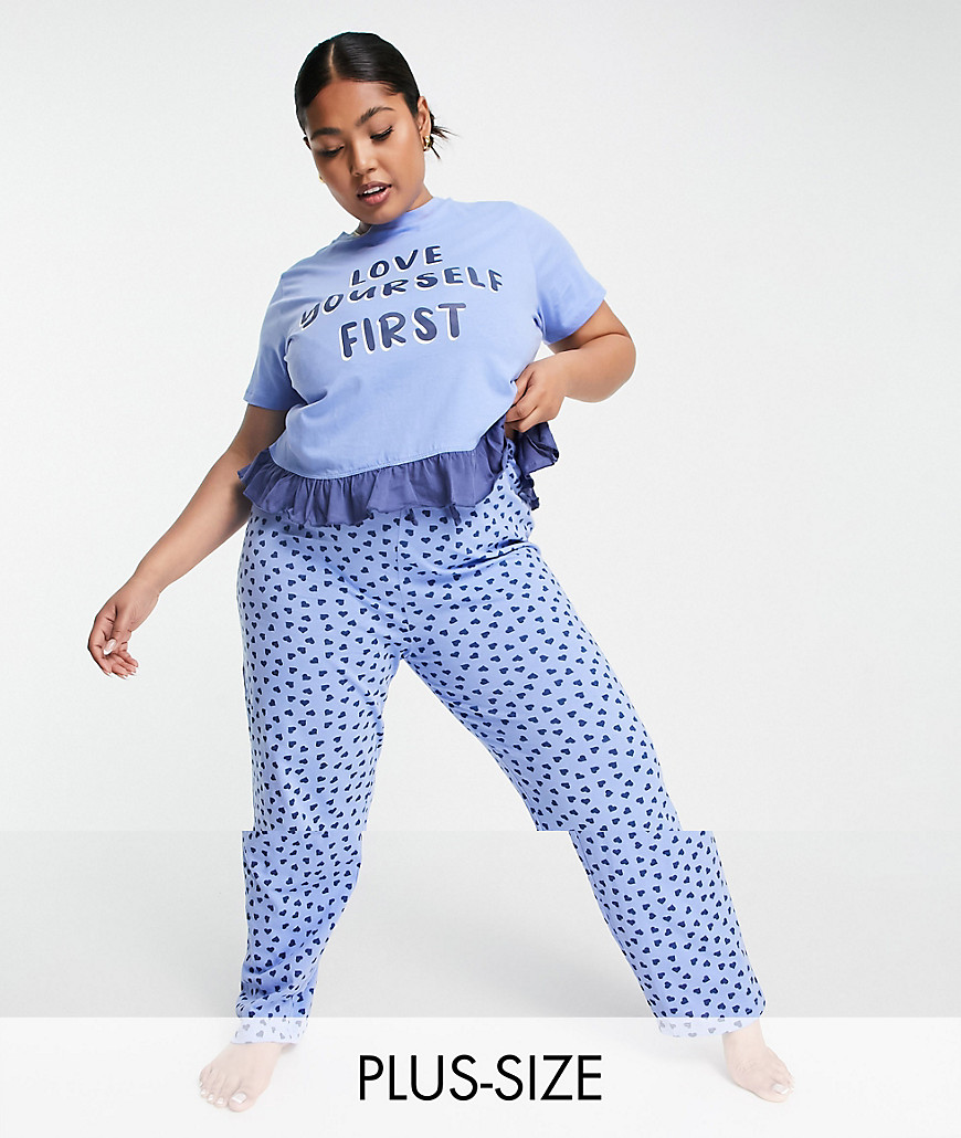 brave soul plus love frill top pyjama set in blue and navy