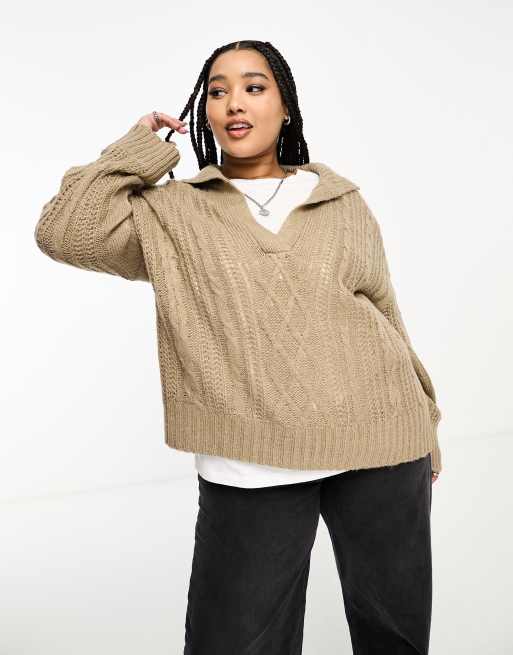 Brave Soul Plus - Maglione lavorato a trecce con scollo stile polo color fungo