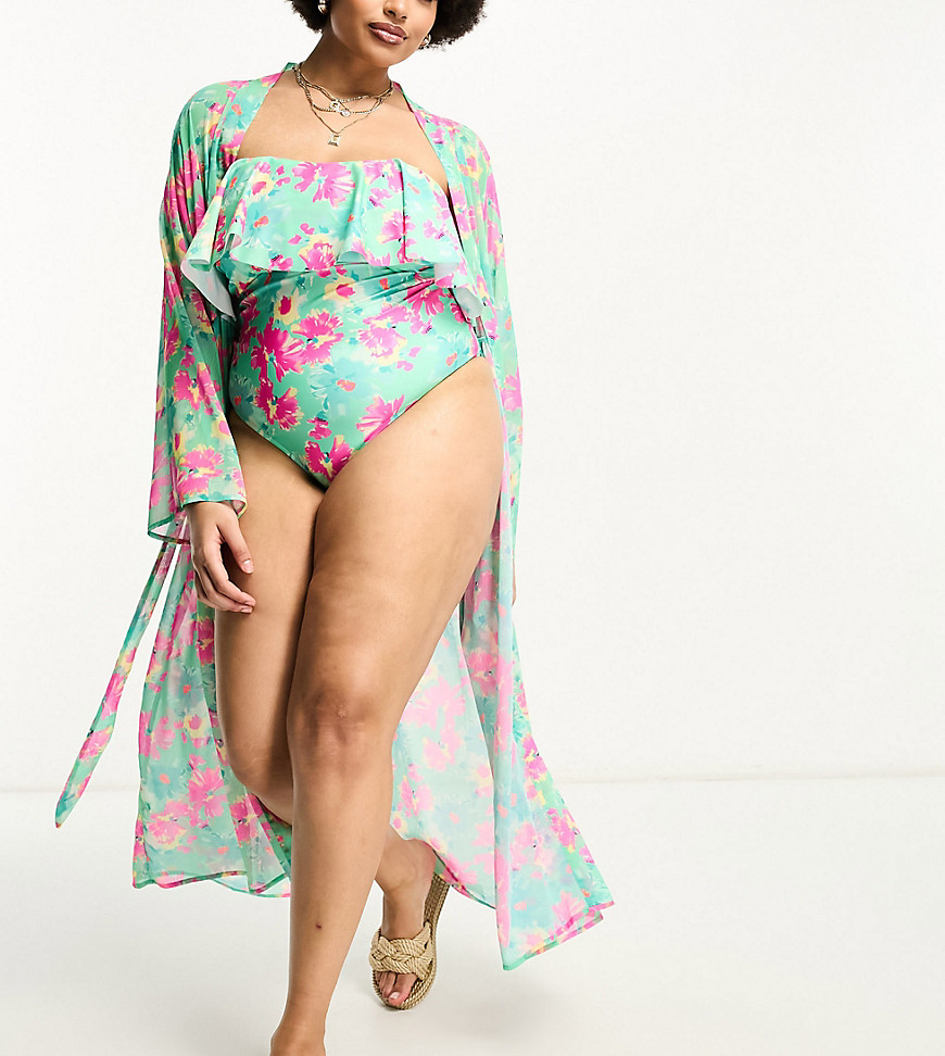 Brave Soul Plus maxi beach kimono in green and pink floral print