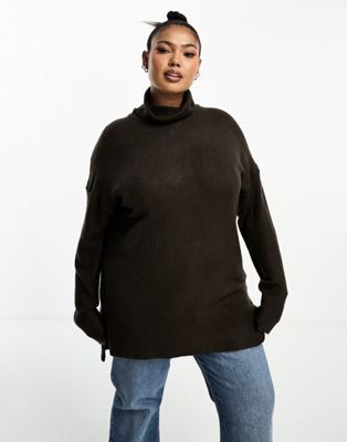 Brave Soul Plus ming knitted roll neck oversized jumper in brown - ASOS Price Checker