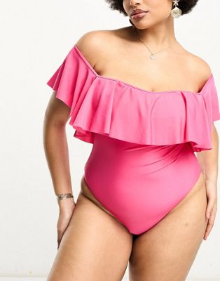 Brave Soul Plus off shoulder swimsuit in bright pink