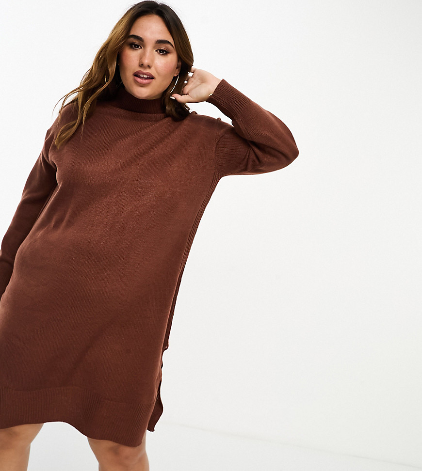 Brave Soul Plus Olivia roll neck knitted midi dress in choclate brown