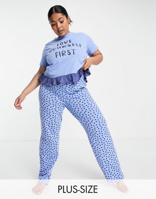 Brave Soul Plus love frill top pyjama set in blue and navy