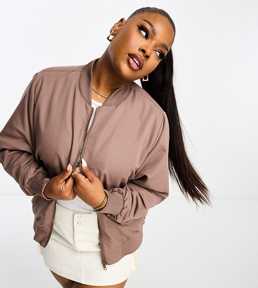 Brave Soul Plus peached oversized bomber jacket in washed chocolate-Brown