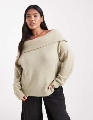 Brave Soul Plus - Pullover in Salbeigrün mit Carmen-Ausschnitt