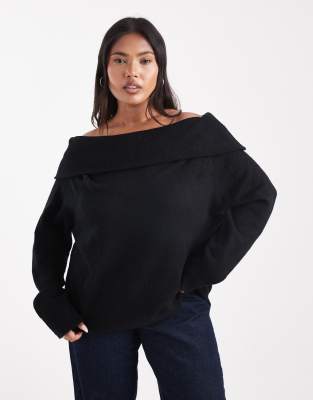 Brave Soul Plus - Pullover in Schwarz mit Carmen-Ausschnitt