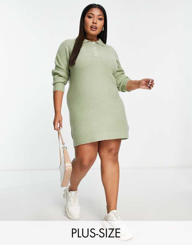 Brave Soul Plus radu knitted polo sweater dress in sage