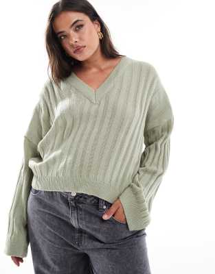 Brave Soul Plus ribbed v-neck jumper in sage green