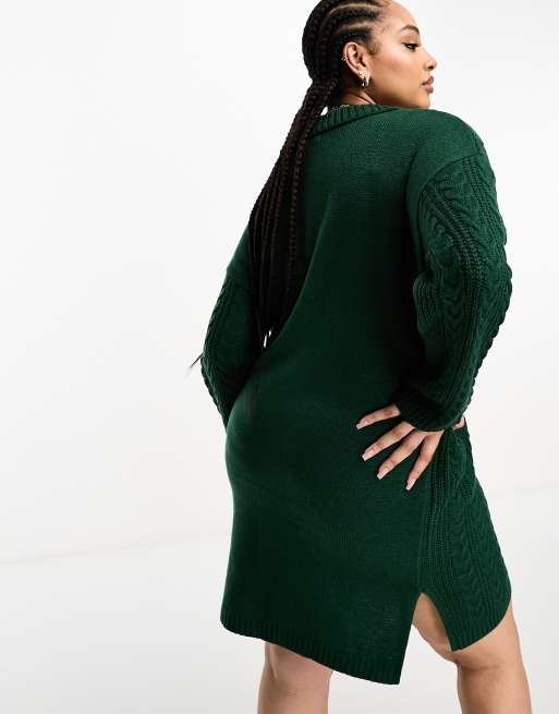 Brave Soul Plus robe midi en maille côtelée à col polo vert foncé, 2 de 4