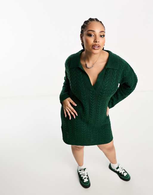 Brave Soul Plus robe midi en maille côtelée à col polo vert foncé, 4 de 4