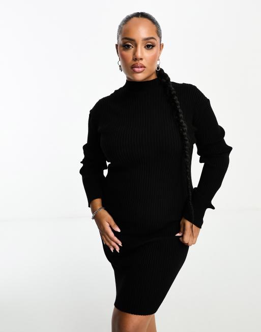 Brave Soul Plus roll neck cable knit mini dress in black