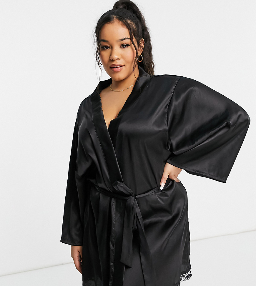 Brave Soul Plus satin kimono robe in black