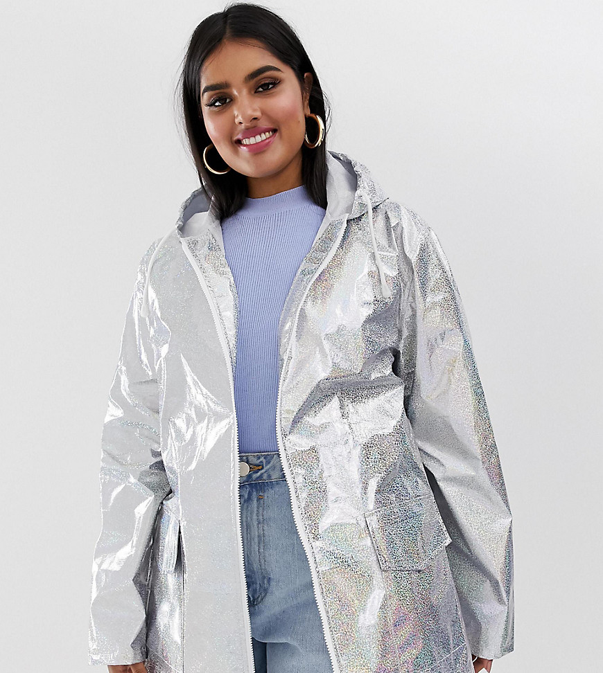 Brave Soul Plus – Silverfärgad regnkappa perfekt för festival med glittrig, holografisk yta