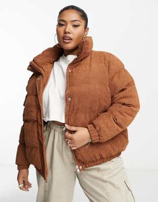 Brave Soul Plus Slay Cord Puffer Jacket In Tan-brown