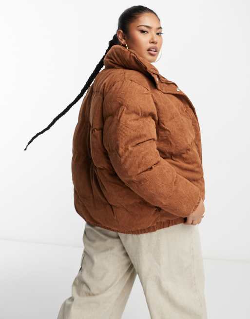 Brave Soul Plus slay cord puffer jacket in tan